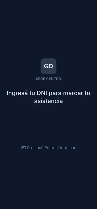Pantalla de check-in para que el socio marque su asistencia con el DNI